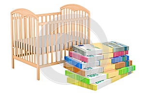 Baby crib, infant bed with money, euro packs. 3D rendering