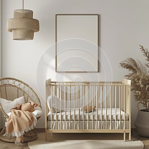 Baby in a crib in a room with a plant, Canvas wall art mockup