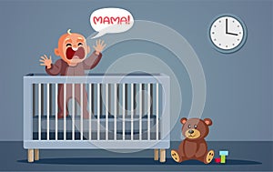 Baby in Crib Screaming for Mom Vector Cartoon illustration