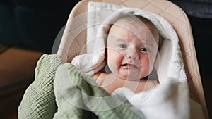 baby cry newborn close-up a portrait. happy family kid dream concept. newborn scream daughter girl 6 months. sweet cute