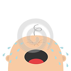 Baby crying tears. Kid face looking up. Cute cartoon sad character. Funny head with hair, eyes, nose, open mouth. Its a boy. Greet