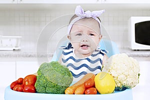 Baby crying with vegetables on high chair