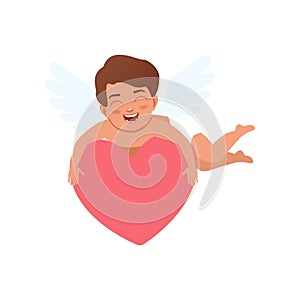 Baby Cupid character flying with big pink heart, Happy Valentines Day concept vector Illustratio