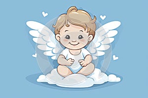 baby cupid with wings in white Greek clothes sitting on a cloud and smiling on a blue background