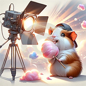 Baby, cute, cartoon guinea pig eating candy in cotton candy, watercolor, AI Generation