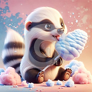 Baby, cute, cartoon Honey badger eating candy in cotton candy, watercolor, AI Generation