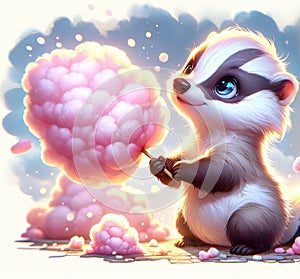 Baby, cute, cartoon Honey badger eating candy in cotton candy, watercolor, AI Generation