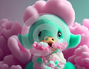 Baby, cute, cartoon mint green monster eating cotton candy on watercolor pastel background,