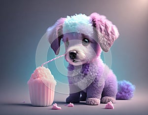 Baby, cute, cartoon purple puppy with cupcake full of cotton candy on watercolor pastel background, AI Generated