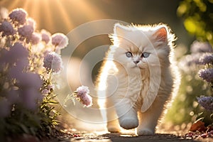 Baby cute cat walking in flower garden and sunset time background. Generative ai