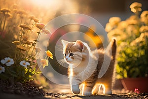 Baby cute cat walking in flower garden and sunset time background. Generative ai