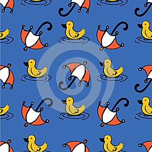 Baby cute ducks, umbrella. Vector seamless pattern. Rain, water, anti-leakage for children, for printing and children`s games in