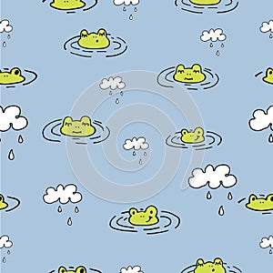 Baby cute frogs, ducks, clouds. Vector seamless pattern. Rain, water, anti-leakage for children, for printing and children`s game