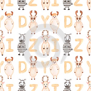 Baby Deer pattern, Watercolor Kids beige forest animals paper, Cute zebra, ox seamless pattern, woodland animal repeat paper,