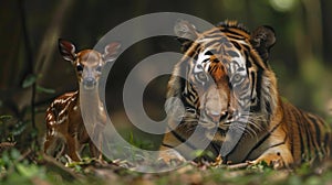 A baby deer is standing next to a tiger. Concept of curiosity and wonder about the relationship between the two animals