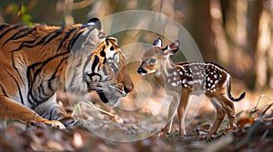 A baby deer is standing next to a tiger. Concept of curiosity and wonder about the relationship between the two animals