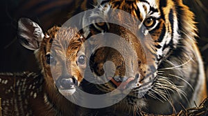 A baby deer is standing next to a tiger. Concept of curiosity and wonder about the relationship between the two animals