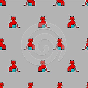 Baby demon pattern seamless. Little red devil background. small fiend on potty toilet ornament. Childrens cloth texture