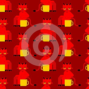 Baby demon pattern seamless. Little red devil background. small fiend on potty toilet ornament. Childrens cloth texture