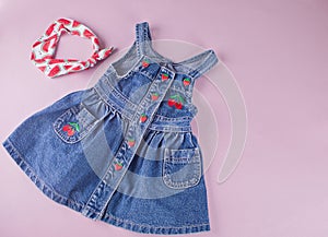 Baby denim dress with berries and accessorie headband