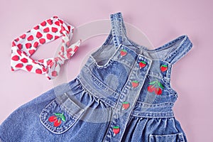 Baby denim dress with berries and accessorie headband