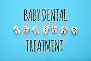 Baby dental treatment. Baby teeth and cartoon caries monster