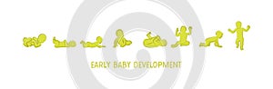 Baby development icon, child growth stages. toddler milestones of first year. vector illustration