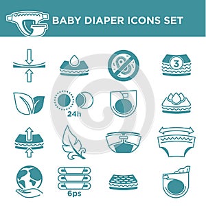 Baby diaper package information vector icons set