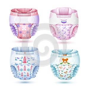 Baby diapers design. Realistic cotton absorbent panties with velcro, different kids patterns, girly and boyish colors