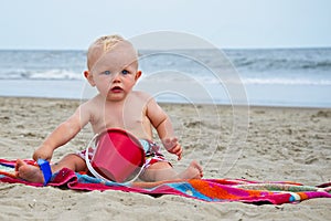 Baby Digging in Sand on Virginia Beach Virginia`s Beach