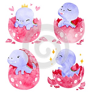 Baby dinosaurs hatch from eggs . Watercolor paint design . Set 1 of 3 . Illustration