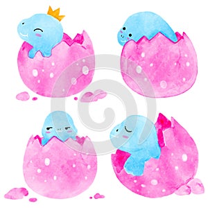 Baby dinosaurs hatch from eggs . Watercolor paint design . Set 3 of 3 . Illustration