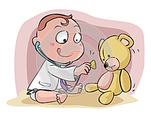 Baby Doctor Playing With Teddy Bear Color Illustration Design