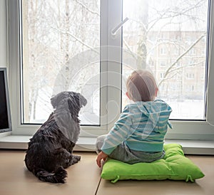Baby with Dog Looking through a Window in Winter