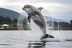baby dolphin jumping high out of the water, with spray flying in the air
