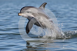 baby dolphin jumping out of the water, with its tail flapping in midair