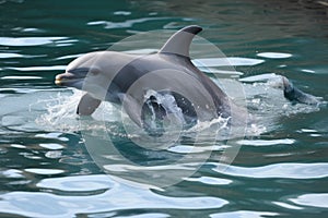 baby dolphin leaping out of the water, with its sidekick jumping in unison