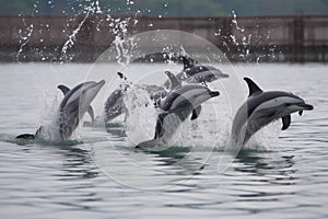 baby dolphins jumping in synchronized formation, their jumps and splashes forming a beautiful pattern