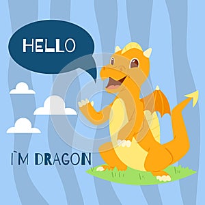 Baby dragon with text hello banner vector illustration. Cartoon funny character with wings. Fairy dinosaurs greeting