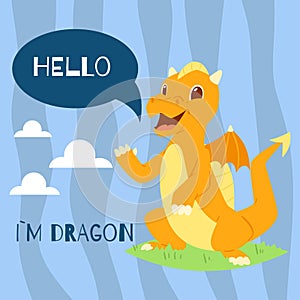 Baby dragon with text hello banner vector illustration. Cartoon funny character with wings. Fairy dinosaurs greeting