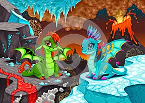 Baby dragons in a fantasy landscape with fire and ice