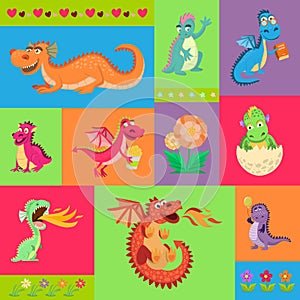 Baby dragons psattern vector illustration. Cartoon funny little sitting and flying dragons with wings. Fairy dinosaurs