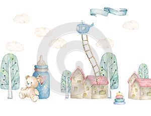 Baby dream land with treen and little house, helicopter nad strairs. Children illustration. Watercolor cute town. White background
