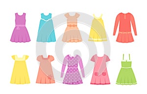 Baby dresses. Vector illustration. Girl clothes in flat
