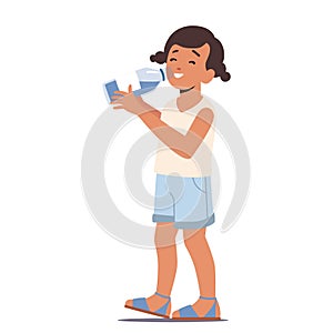 Baby Drinking Clean Water. Little Child Character With Glass In Hands Enjoying Fresh Aqua Drink, Healthy Refreshment