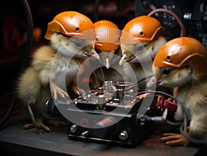 Baby ducks playfully welding with toy tools