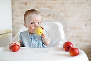 Baby eating fruit. Little girl biting yellow apple sitting in white high chair in sunny kitchen. Healthy nutrition for kids.