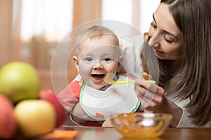 Baby eating healthy food with mother help at home