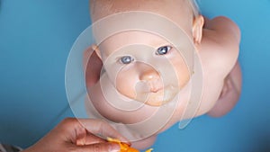 Baby eating orange from mother`s hands.