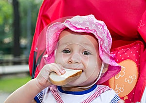 Baby eating a piece of bread